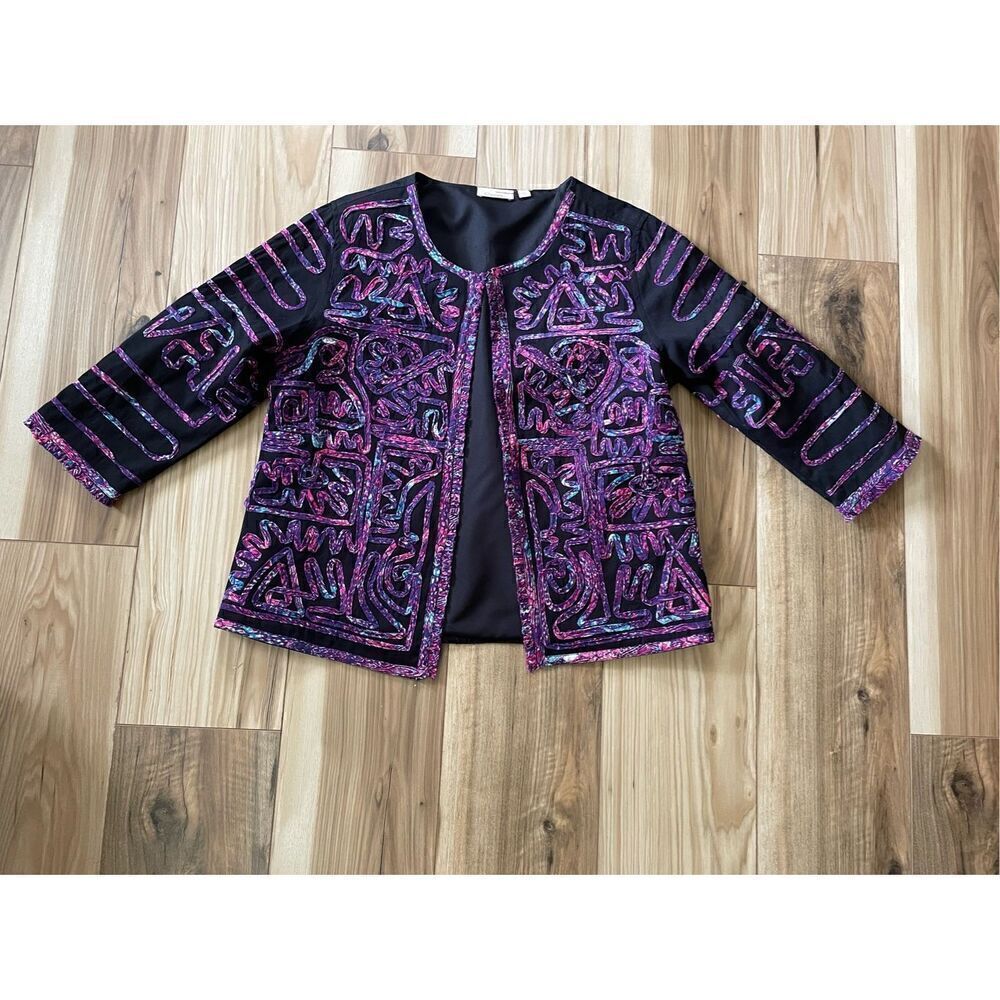 Choices Ruffle Casual Blazer Jacket MEDIUM 100% Cotton Black Purple Teal Fringe